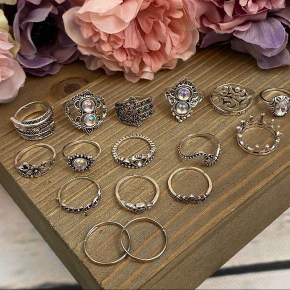 16 Pcs Boho Black & Silver Crystal Gem Ring Set - Picture 12 of 14